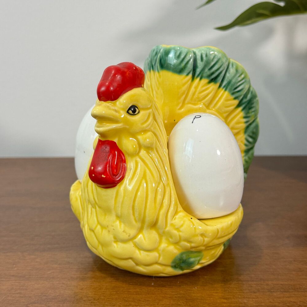 Vintage Ceramic Rooster Chicken Salt & Pepper Shaker Set with Napkin Holder
